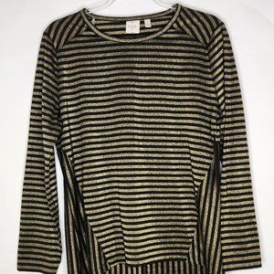 Rafaella Sport Top Striped Metallic Black Large Stretch 3/4 Sleeves Gold